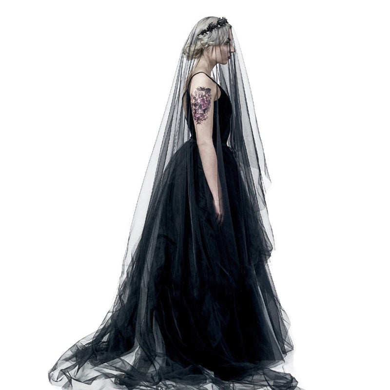 Holiberty 1 Tier Black Bridal Veil 16ft Long Gothic Sheer Lace Cathedral Wedding Dress Shawl Tulle Headdress Halloween Witch Costumes Headpiece Mantilla Bride Chapel Veils Hair Accessories for Women Ladies - Image 1